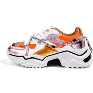 Women's White Orange Platform Colorful Retro Stylish Fashion Sneakers .